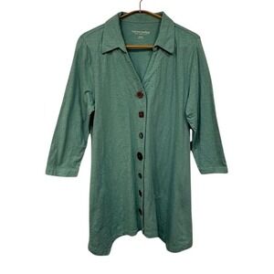 Soft Surroundings Teal Slub Top Artistic Artsy Button Tunic Sharkbite Hem Medium